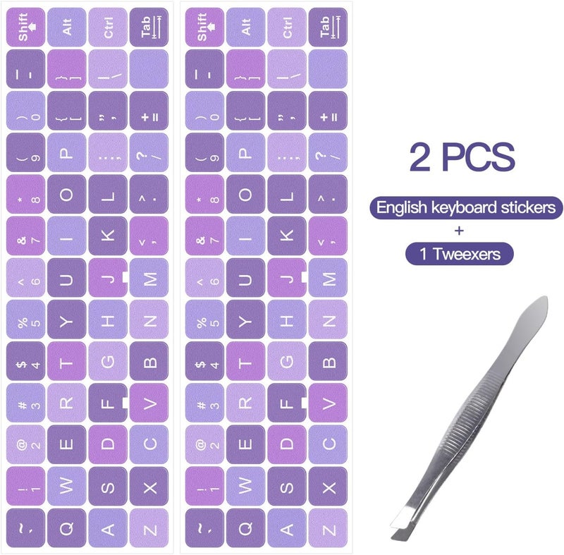 DAMMOMKO 2PCS English Keyboard Stickers with Tweezer, Universal Keyboard Sticker Purple Background with White Lettering Keyboard Letters Replacement Stickers for Computer Laptop Notebook Desktop -English - Image 2